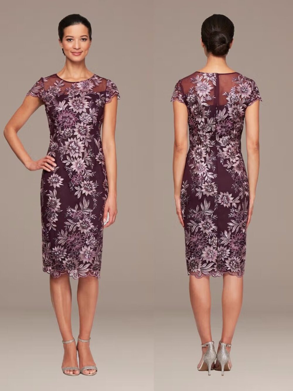 New Alex Evenings Short Floral Embroidered Sheath Dress In Plum Size 14